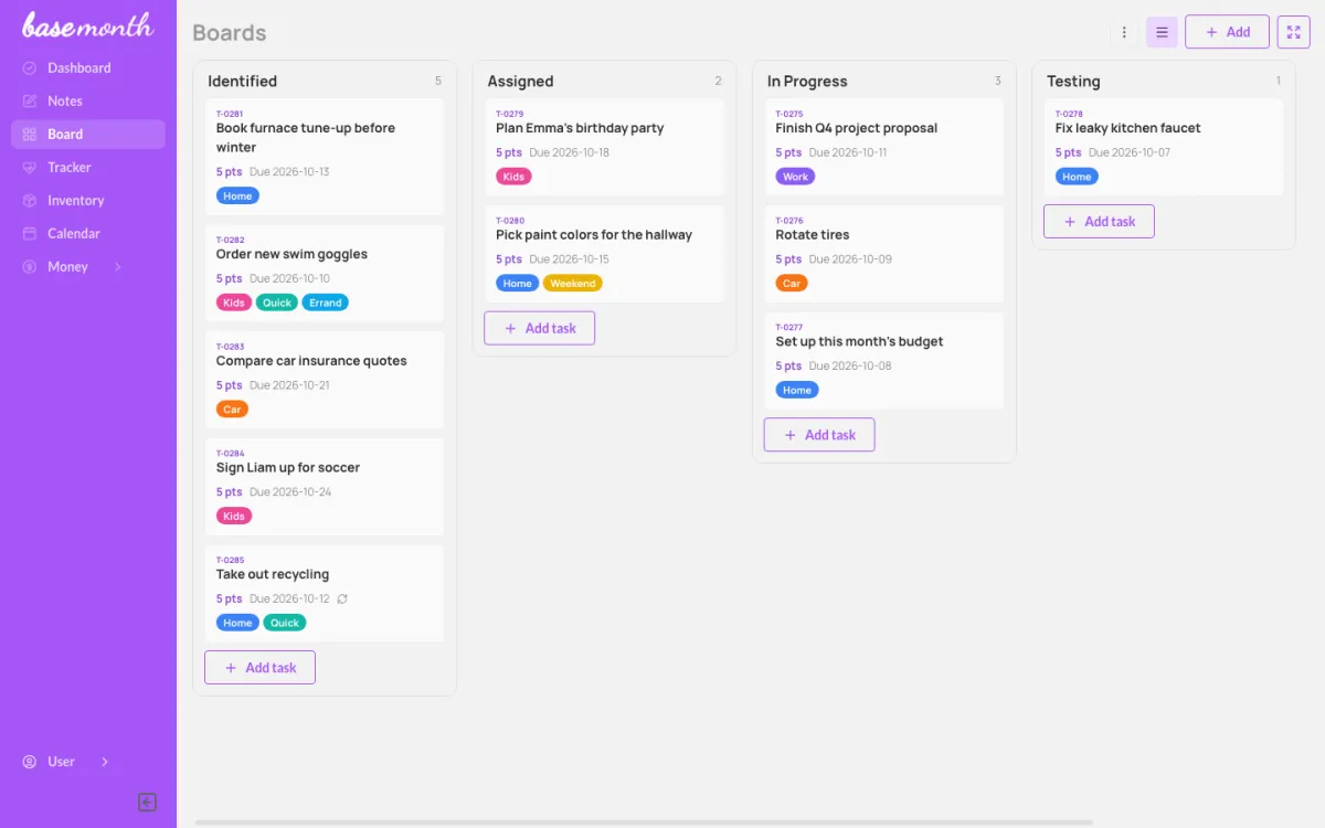 A Base Month board with Identified, Assigned, In Progress and Testing columns of household tasks