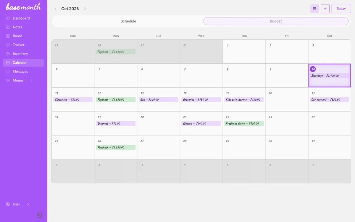 The calendar budget view with paychecks and bills on their dates