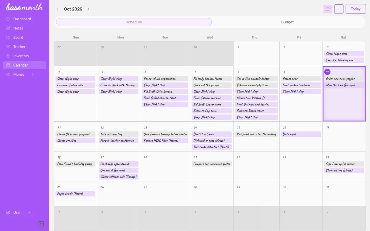 The family calendar with tasks, tracker entries and appointments for the month