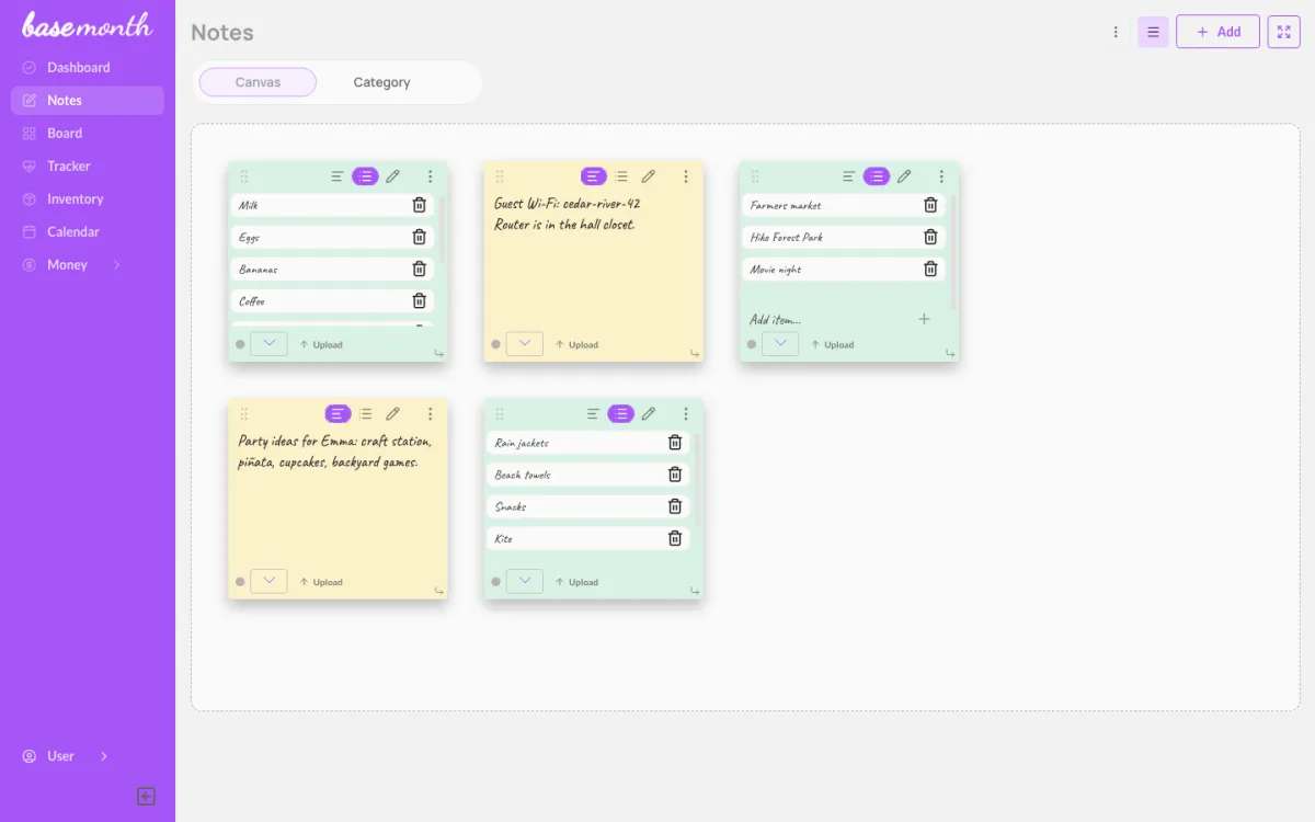 A canvas of colourful sticky notes with lists and ideas
