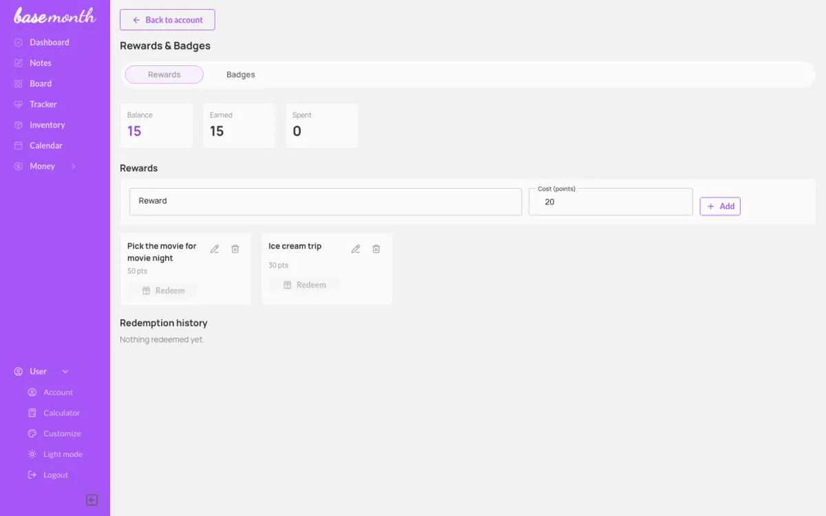 The Rewards page showing a points balance and rewards to redeem