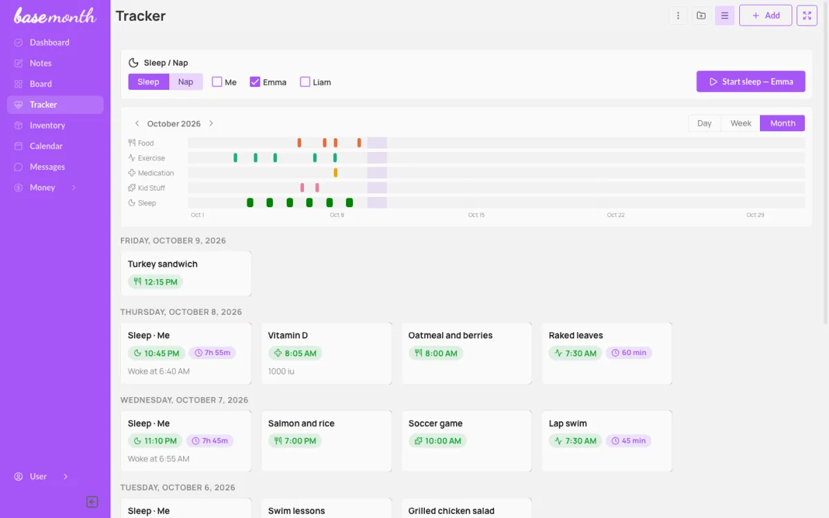 The tracker month view with food, exercise, medication, kid activity and sleep entries